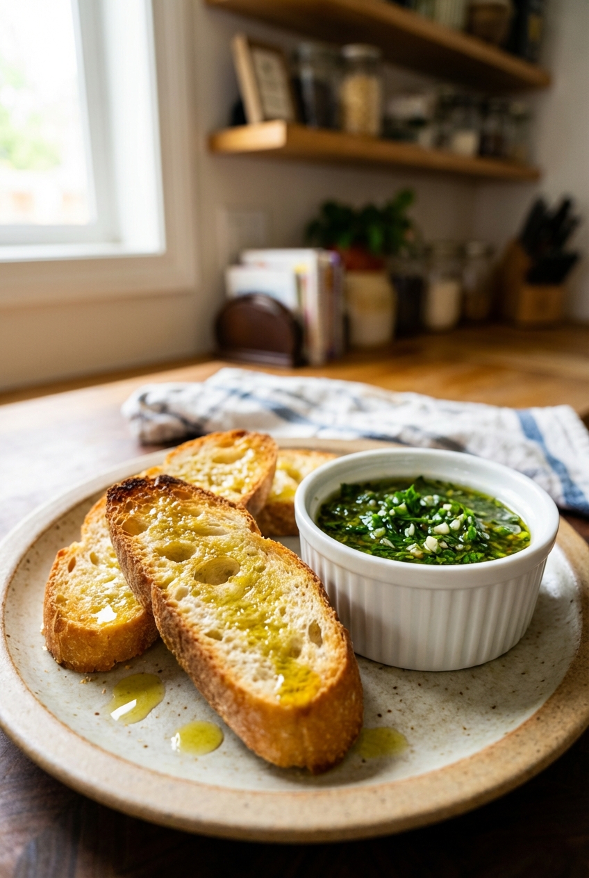 Toasted baguette slices on a plate with a small ramekin of green herb sauce