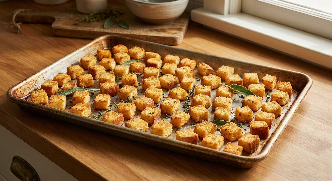Toasted bread cubes spread on a rimmed sheet pan in a home kitchen setup with warm lighting