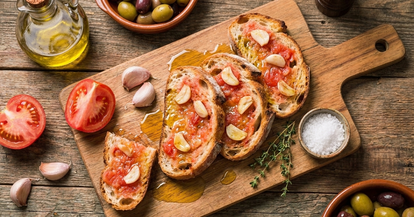 Toasted bread rubbed with garlic and tomato, drizzled with olive oil, arranged on a wooden board