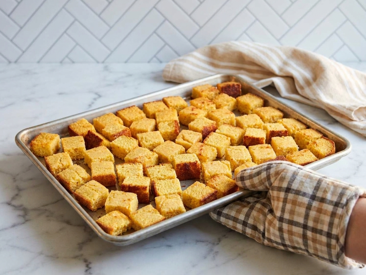Toasted cornbread cubes spread on a rimmed baking sheet on a kitchen counter, golden and crisp at the edges