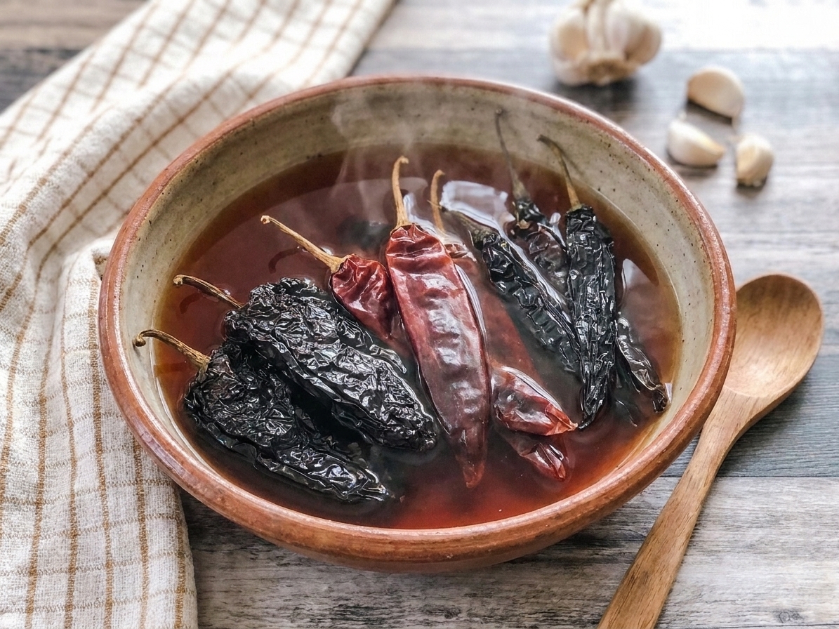 Toasted dried chiles soaking in a ceramic bowl of hot water on a kitchen counter