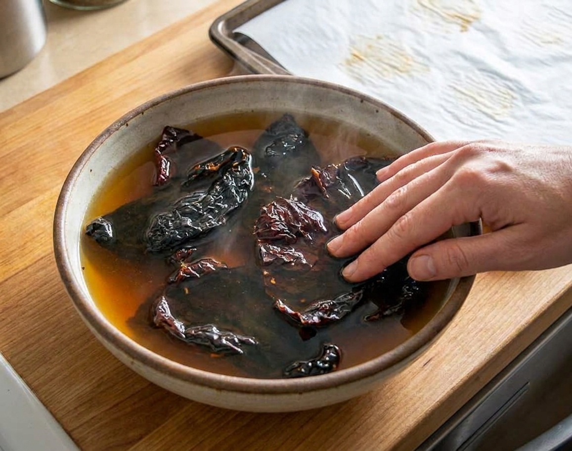 Toasted dried chiles soaking in warm stock in a ceramic bowl on a kitchen counter