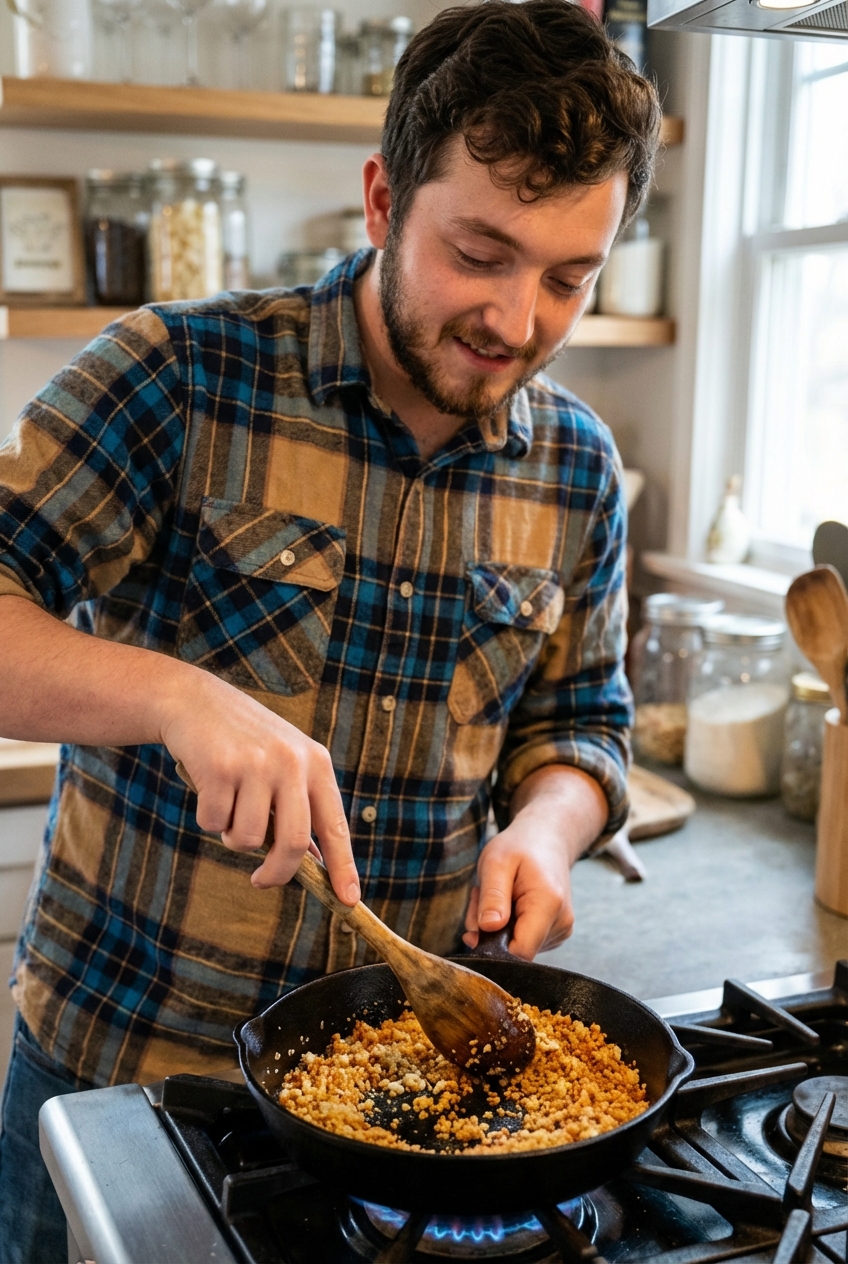 Toasted garlic breadcrumbs turning golden in a small skillet with a wooden spoon