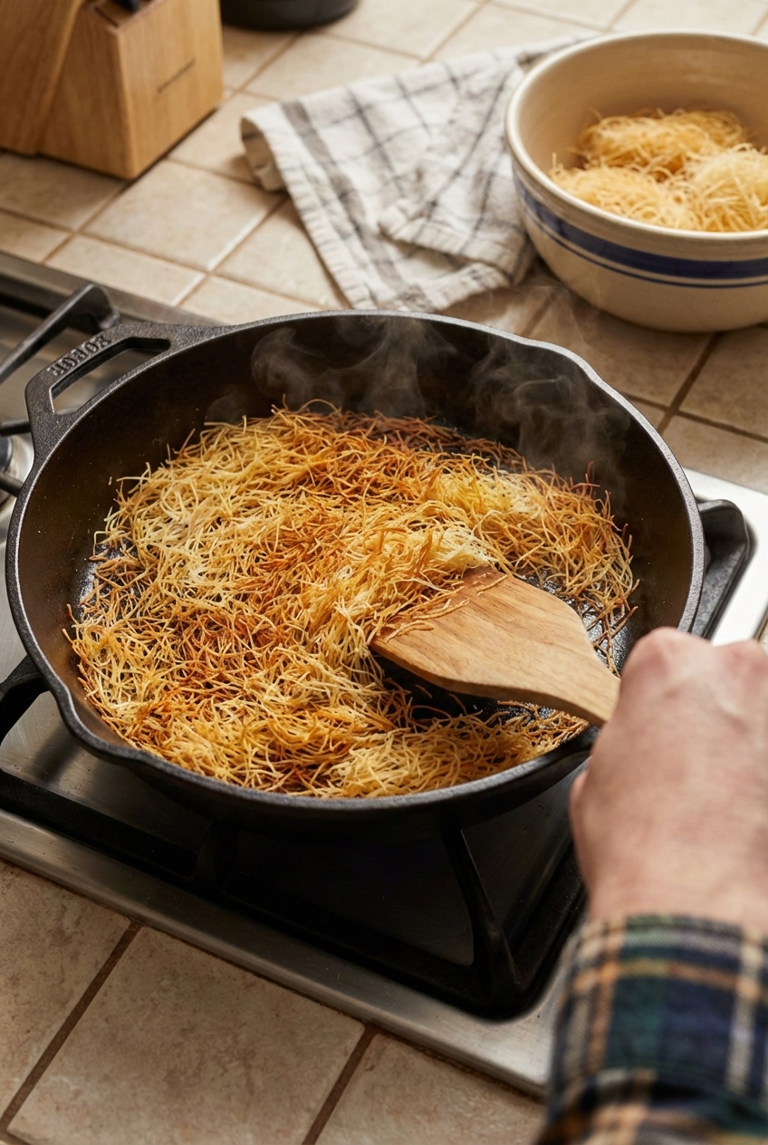 Toasted kataifi strands turning golden in a skillet, with a spatula stirring for even browning