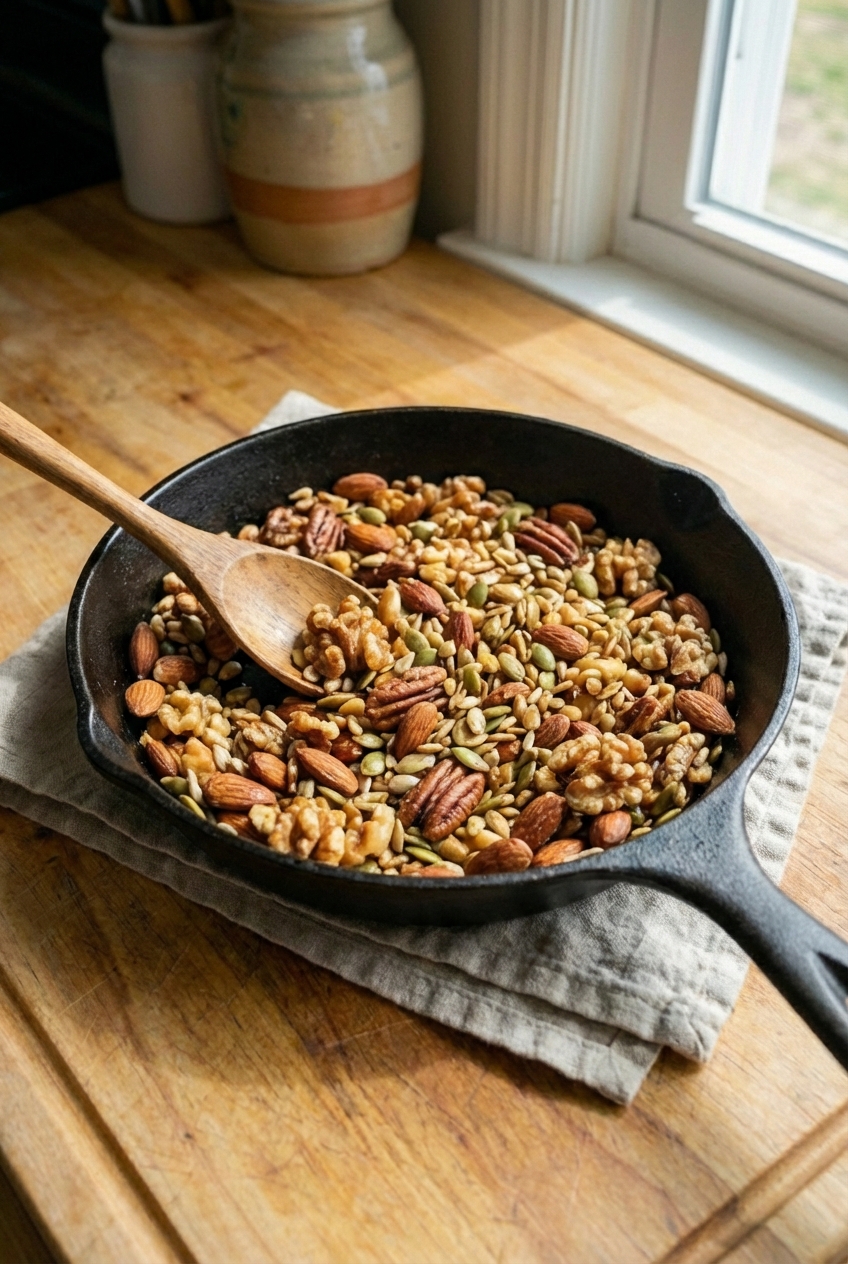 Toasted mixed nuts and seeds in a small skillet with a wooden spoon