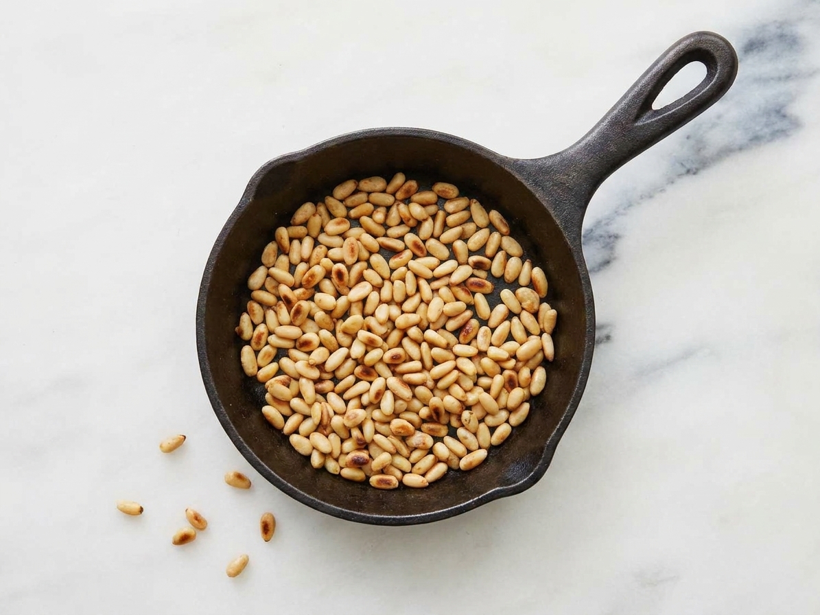 Toasted pine nuts in a small skillet