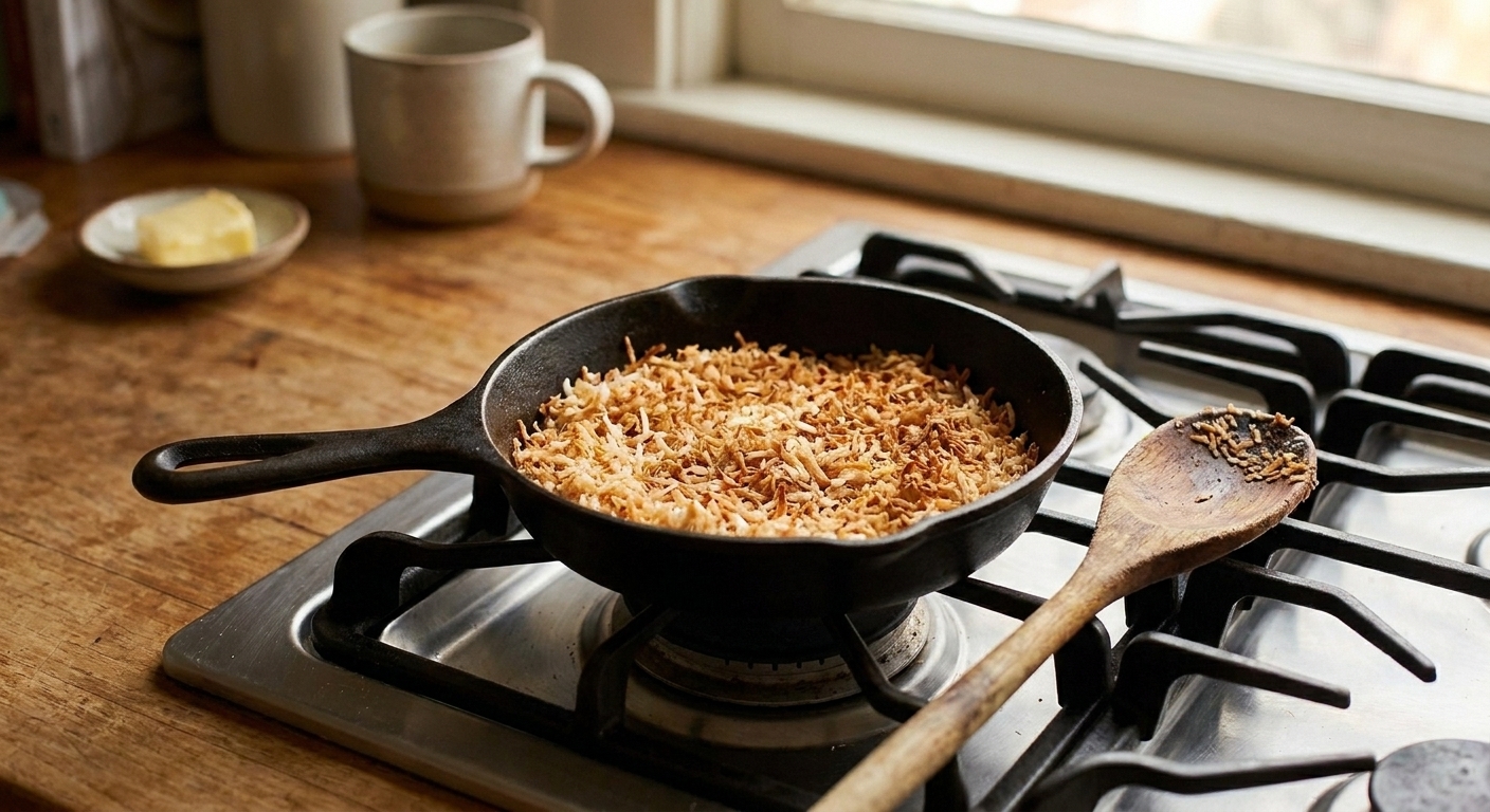 Toasted shredded coconut in a small skillet on a stove with a wooden spoon beside it