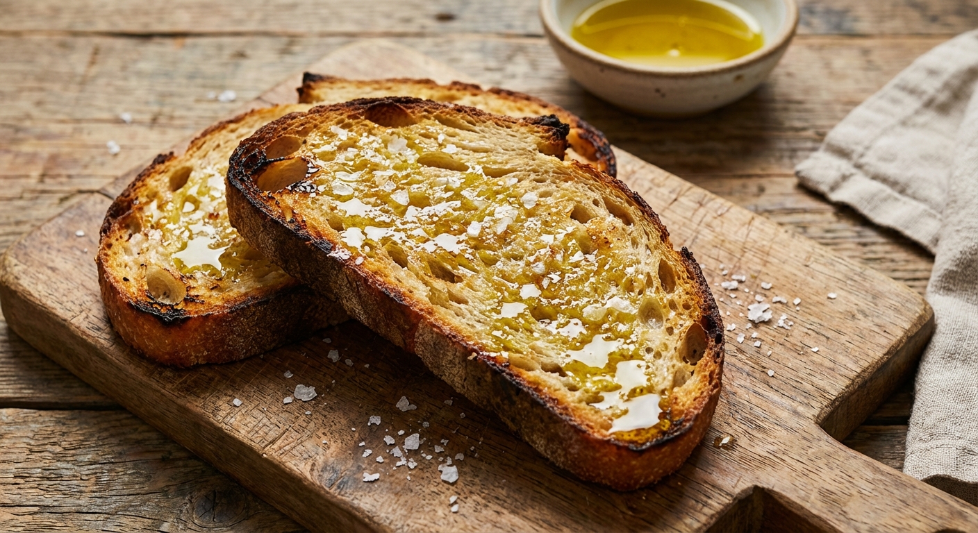 Toasted sourdough slices on a cutting board with olive oil and flaky salt