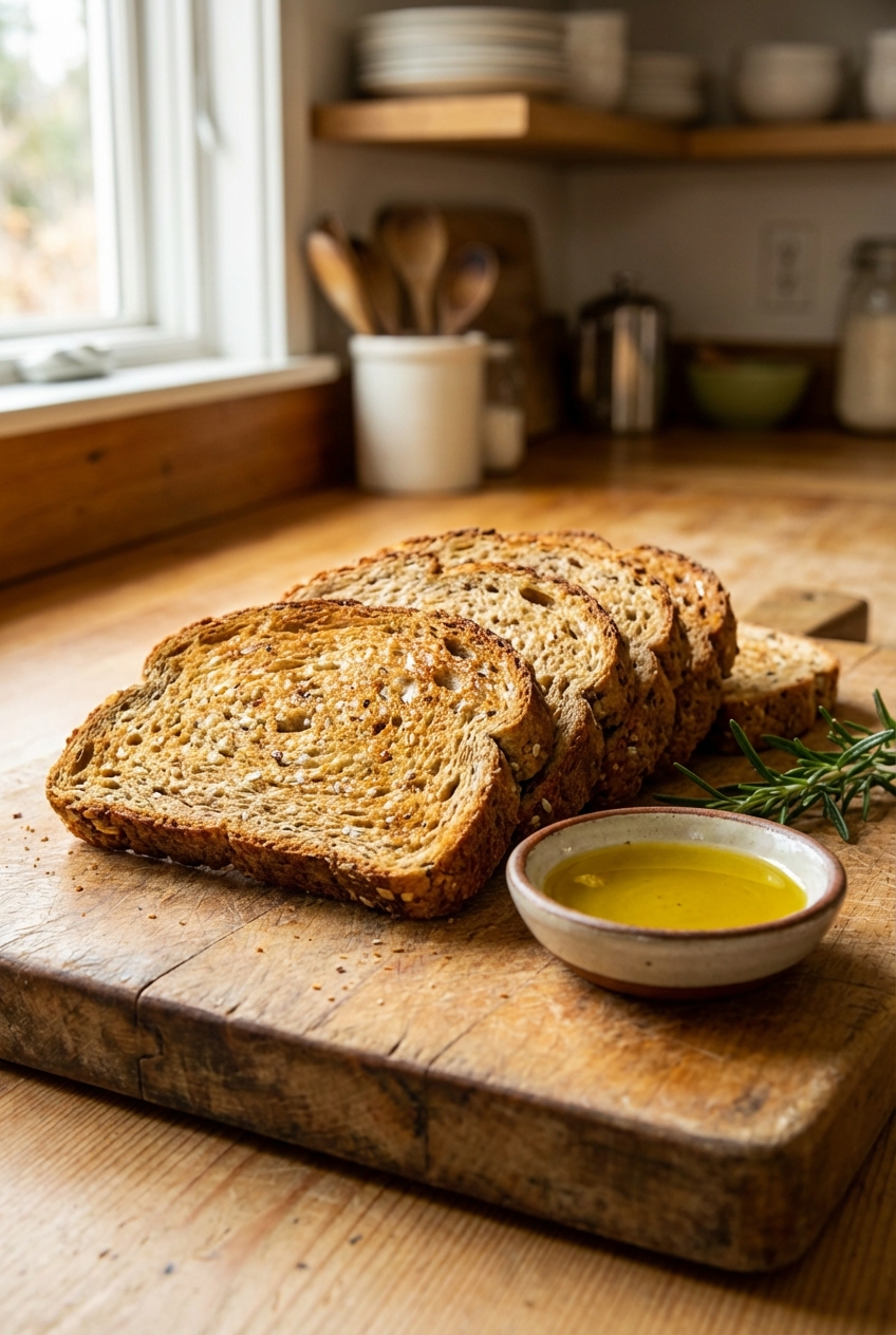 Toasted whole grain bread slices on a cutting board with a small dish of olive oil