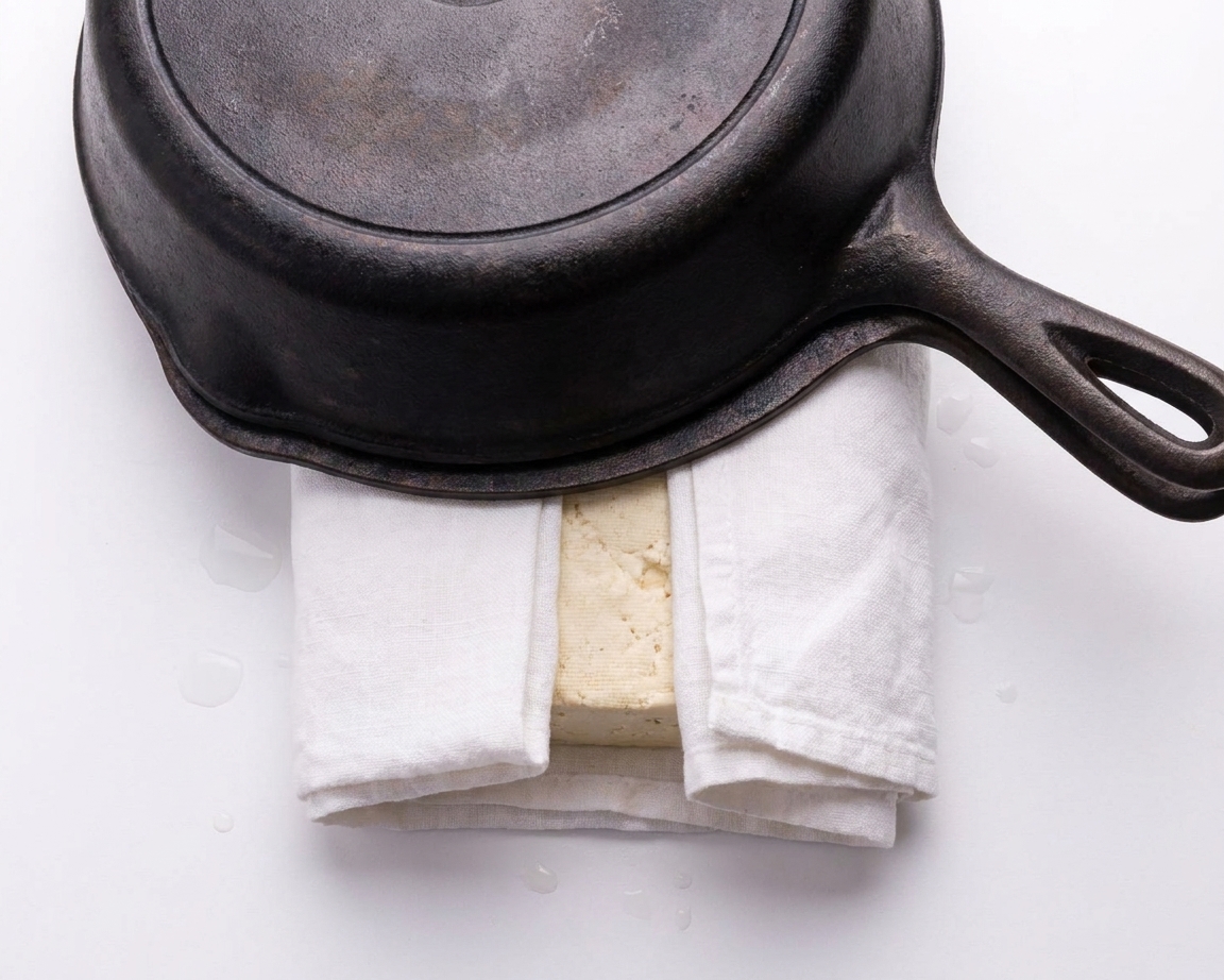 Tofu block wrapped in a kitchen towel with a heavy skillet on top, pressing on a countertop