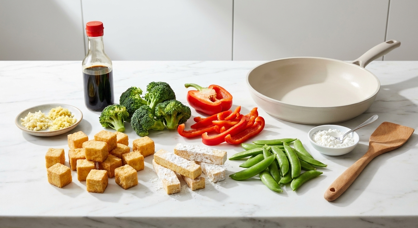 Tofu, broccoli florets, bell peppers, snap peas, garlic, ginger, soy sauce, and cornstarch arranged on a kitchen counter