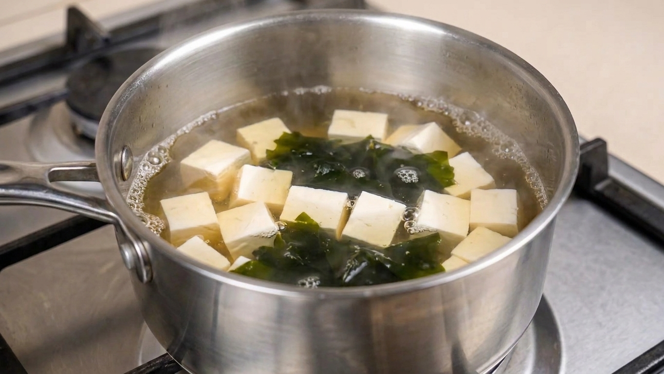 Tofu cubes and rehydrated wakame floating in a pot of dashi on the stove, just beginning to steam