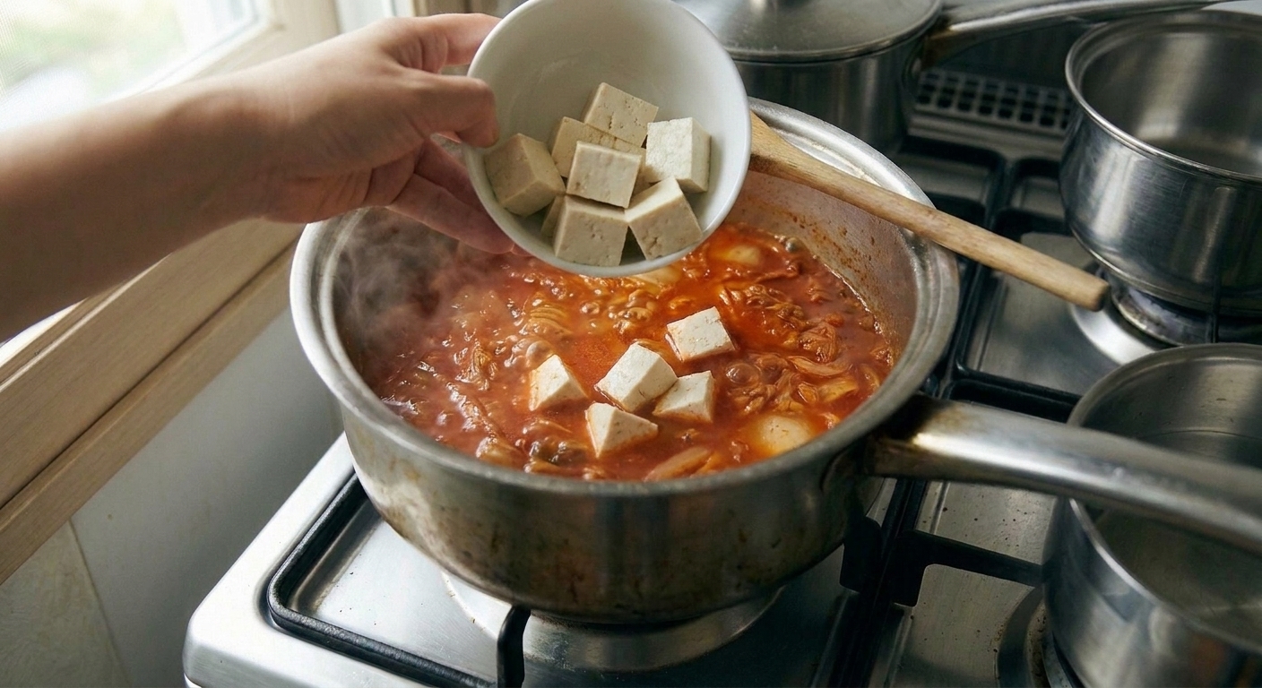 Tofu cubes being added to a pot of simmering red kimchi soup on the stove