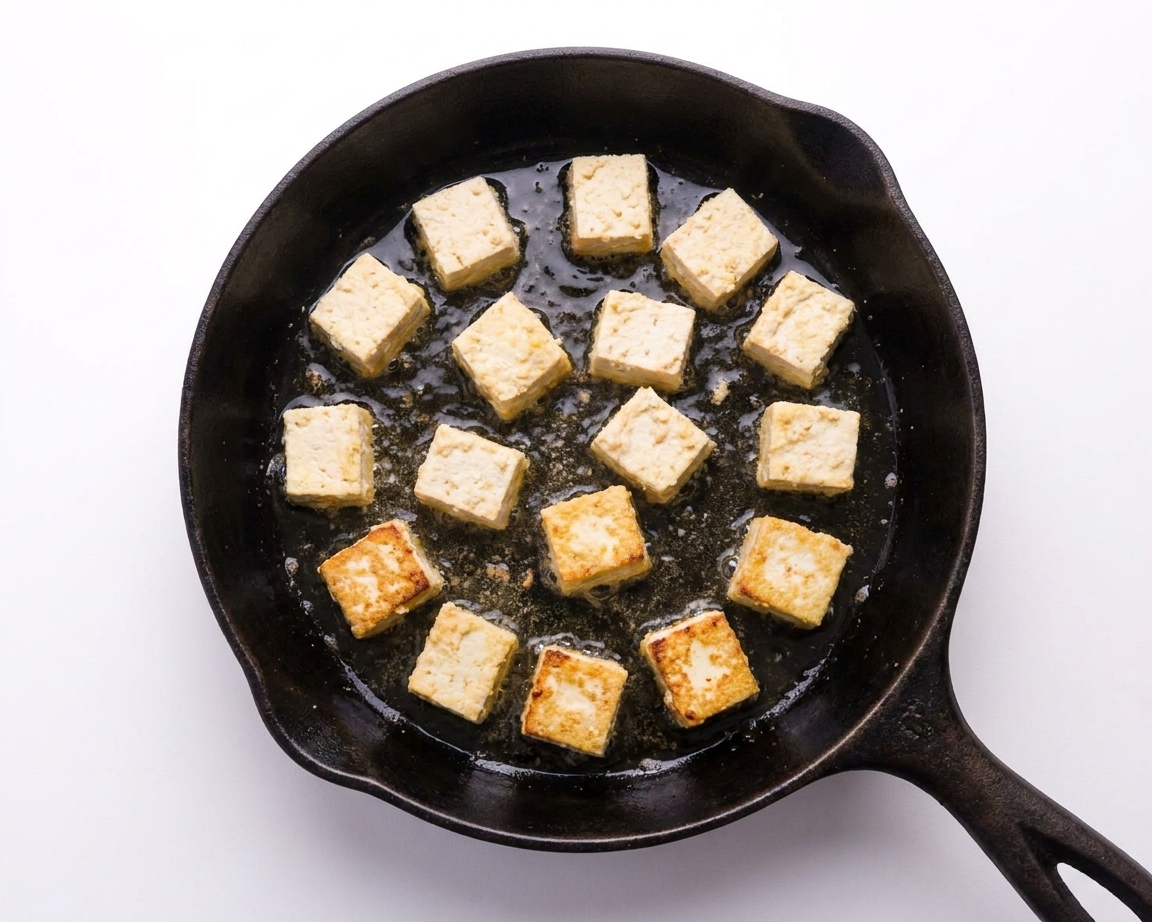 Tofu cubes frying in a hot skillet with oil, edges turning golden brown