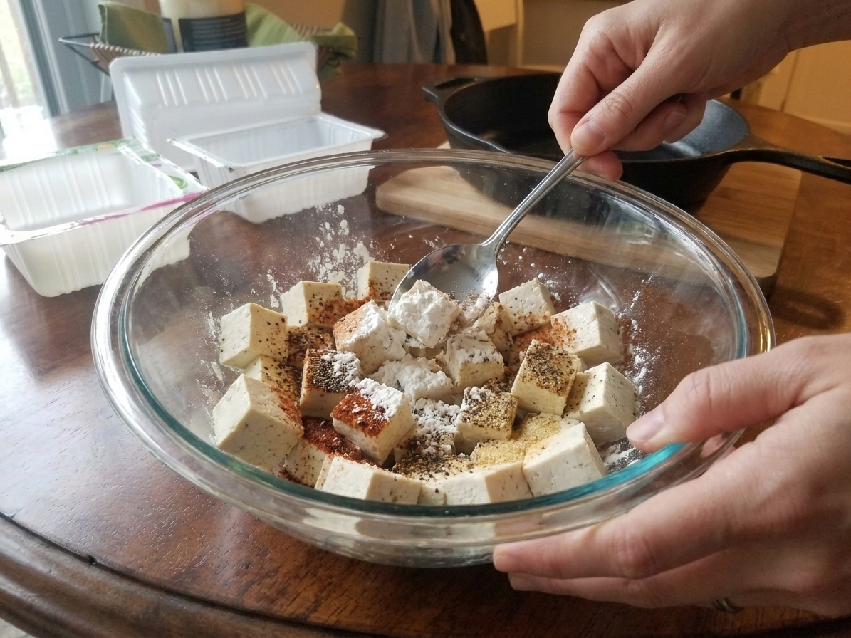 Tofu cubes in a mixing bowl being tossed with cornstarch and spices using a spoon on a kitchen counter