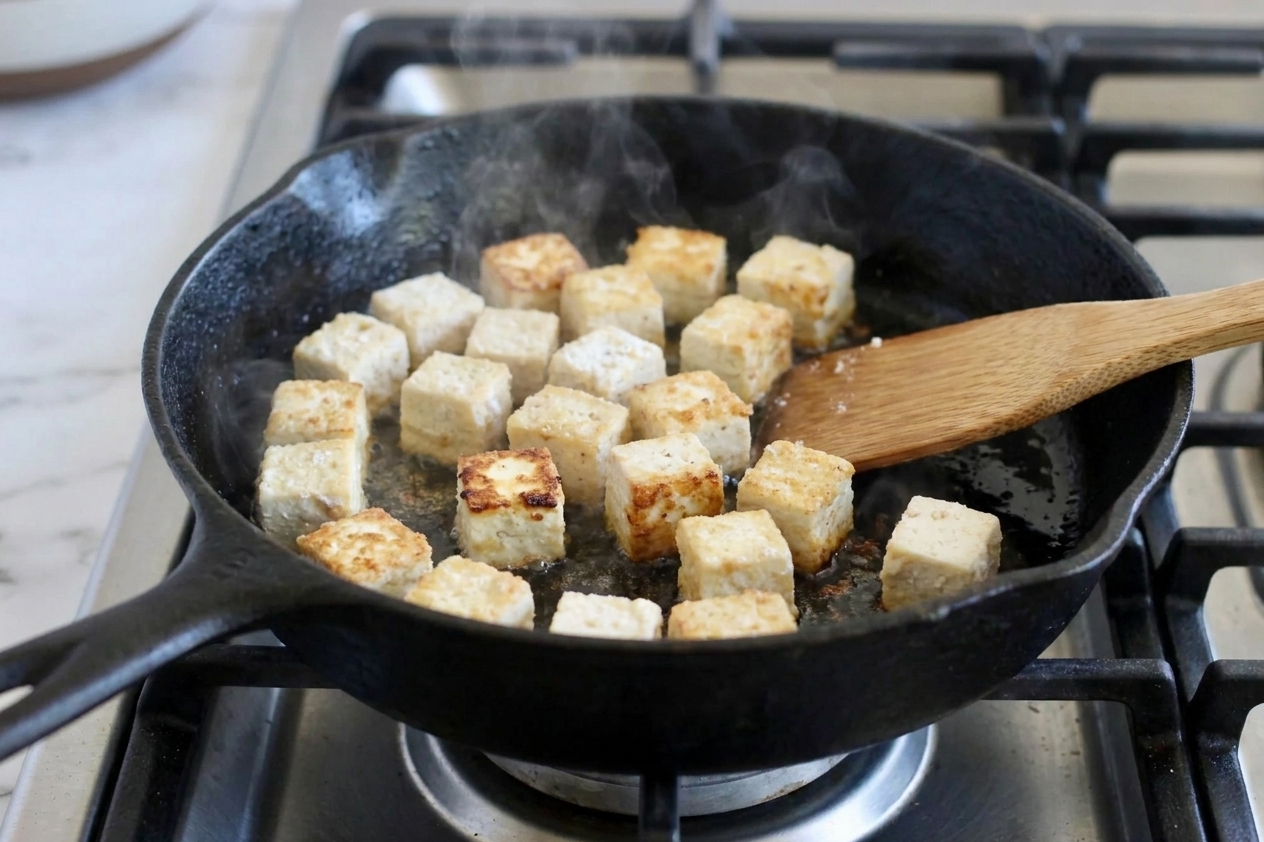 Tofu cubes sizzling in a skillet with golden-brown edges forming on a stovetop in warm kitchen lighting
