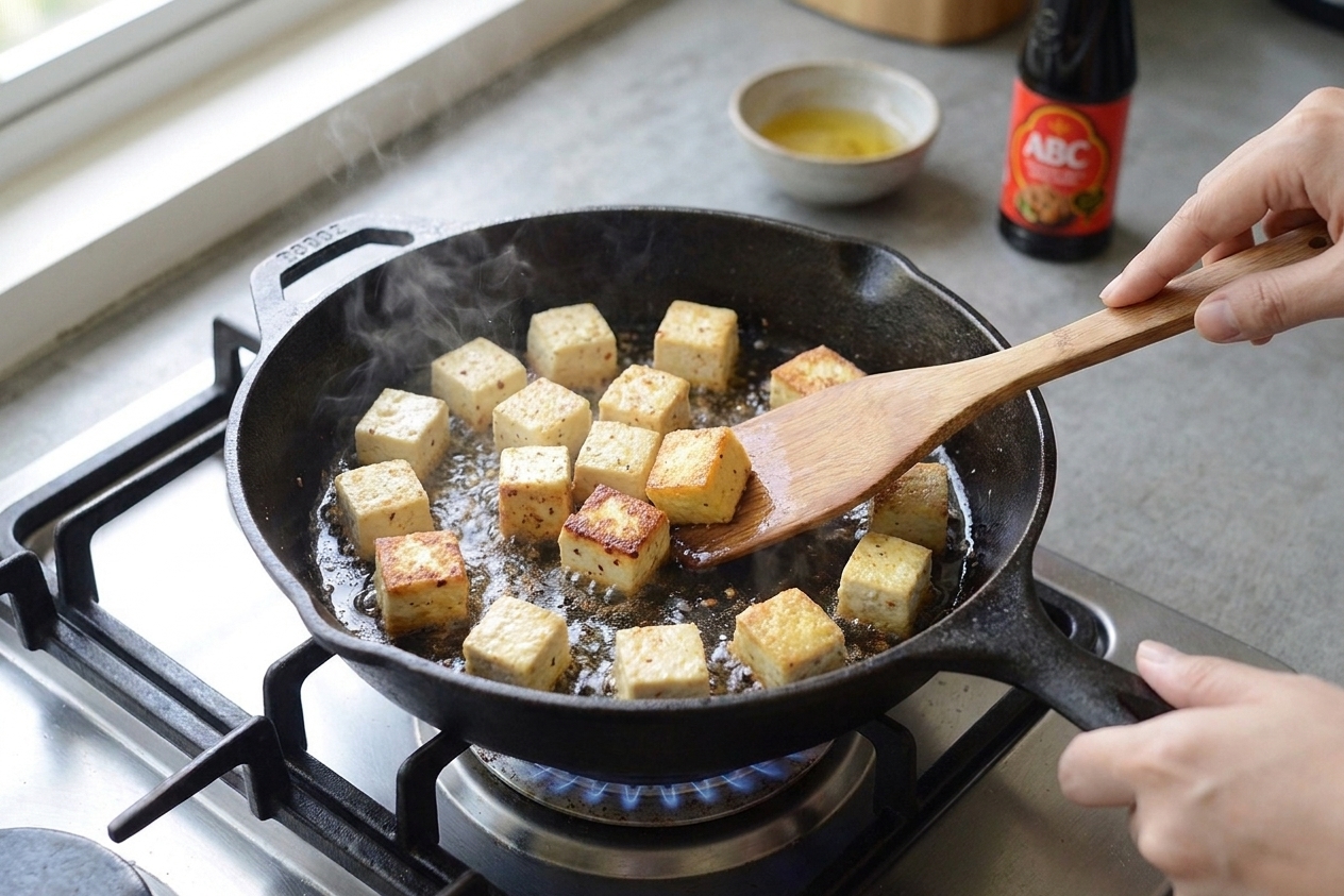 Tofu cubes sizzling in a skillet with oil, turning golden brown as they pan-fry