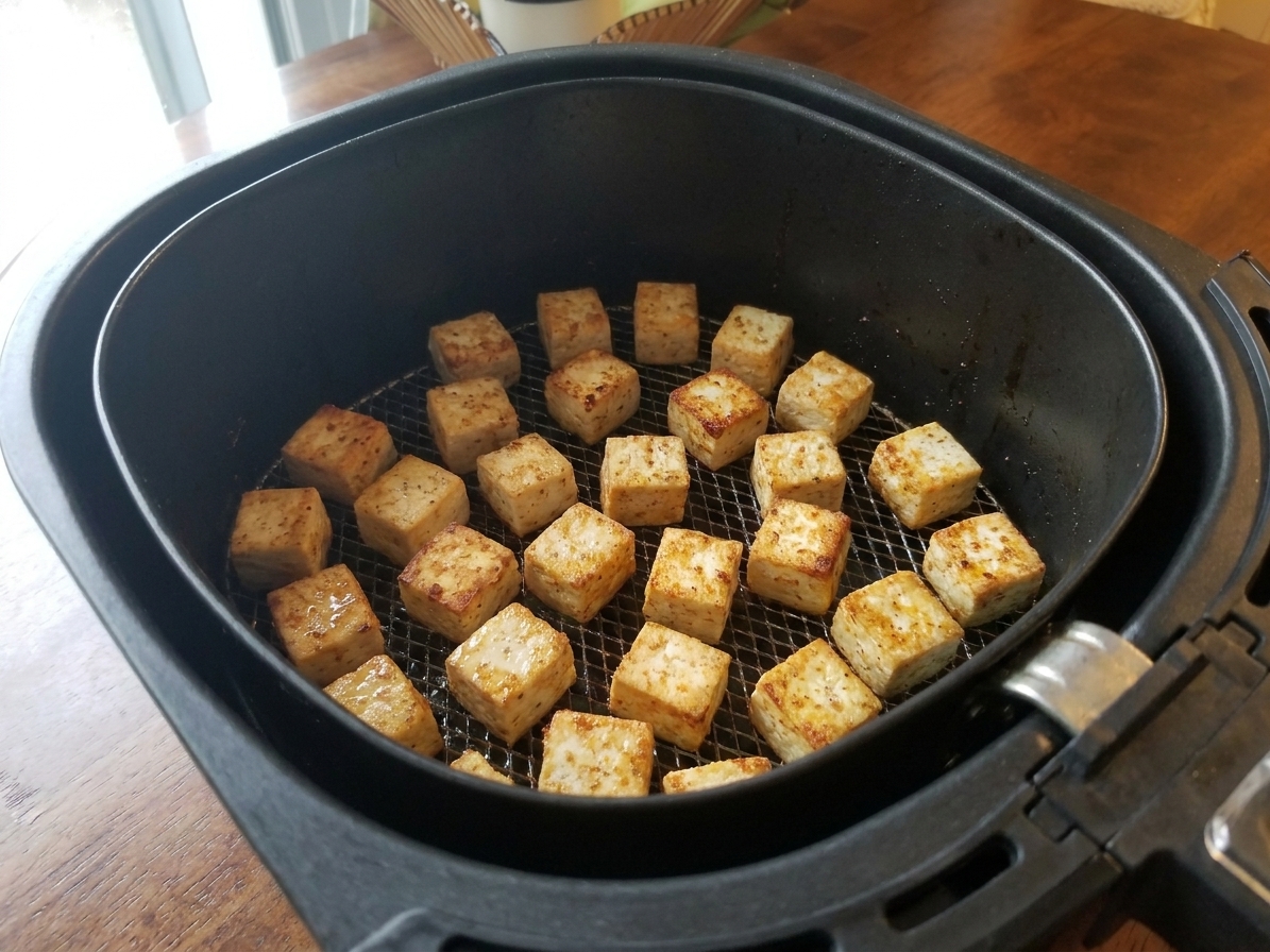 Tofu cubes spread in a single layer inside an air fryer basket mid-cook with golden edges starting to form