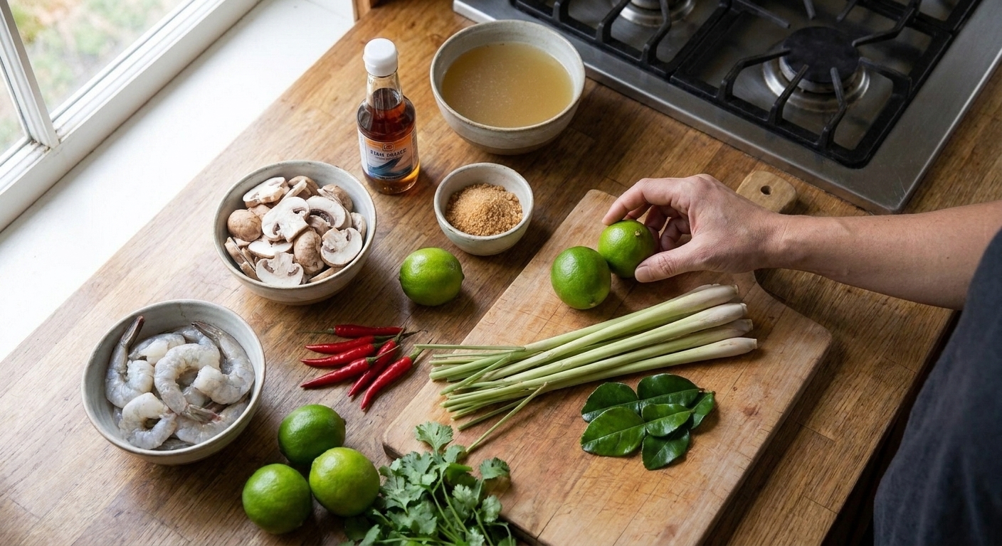 Tom Yum Goong ingredients arranged on a kitchen counter: shrimp, mushrooms, lemongrass, limes, Thai chiles, fish sauce, sugar, cilantro, and broth