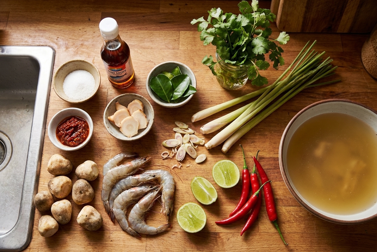 Tom yum ingredients arranged on a kitchen counter including shrimp, mushrooms, lemongrass, lime, chili, fish sauce, cilantro, and broth ingredients in small bowls, warm overhead lighting
