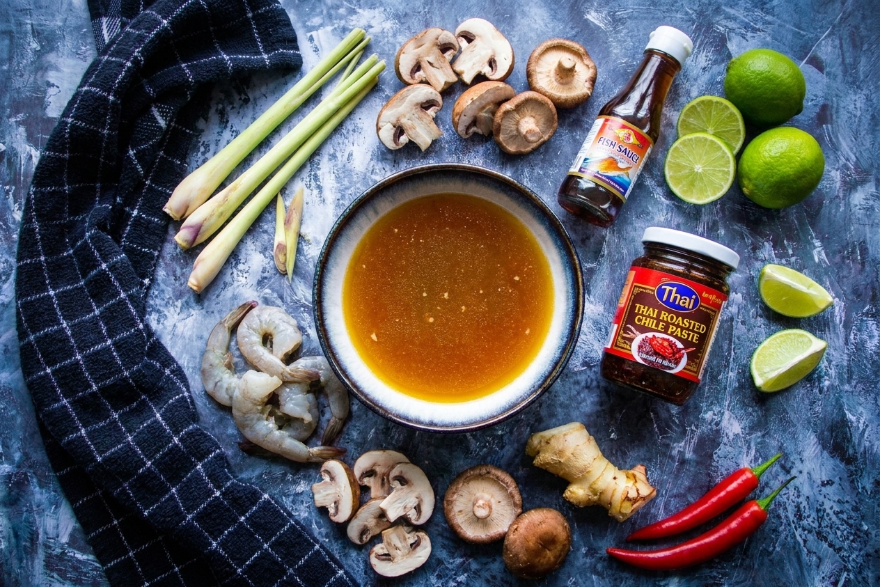 Tom yum ingredients laid out, including shrimp, mushrooms, lemongrass, limes, fish sauce, broth, and Thai roasted chile paste