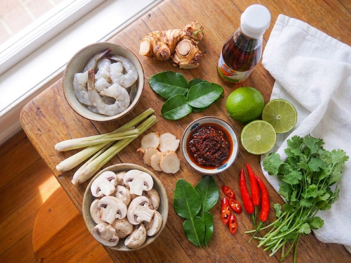Tom yum ingredients laid out on a kitchen counter including shrimp, mushrooms, lemongrass, galangal, makrut lime leaves, limes, fish sauce, chili paste, and cilantro