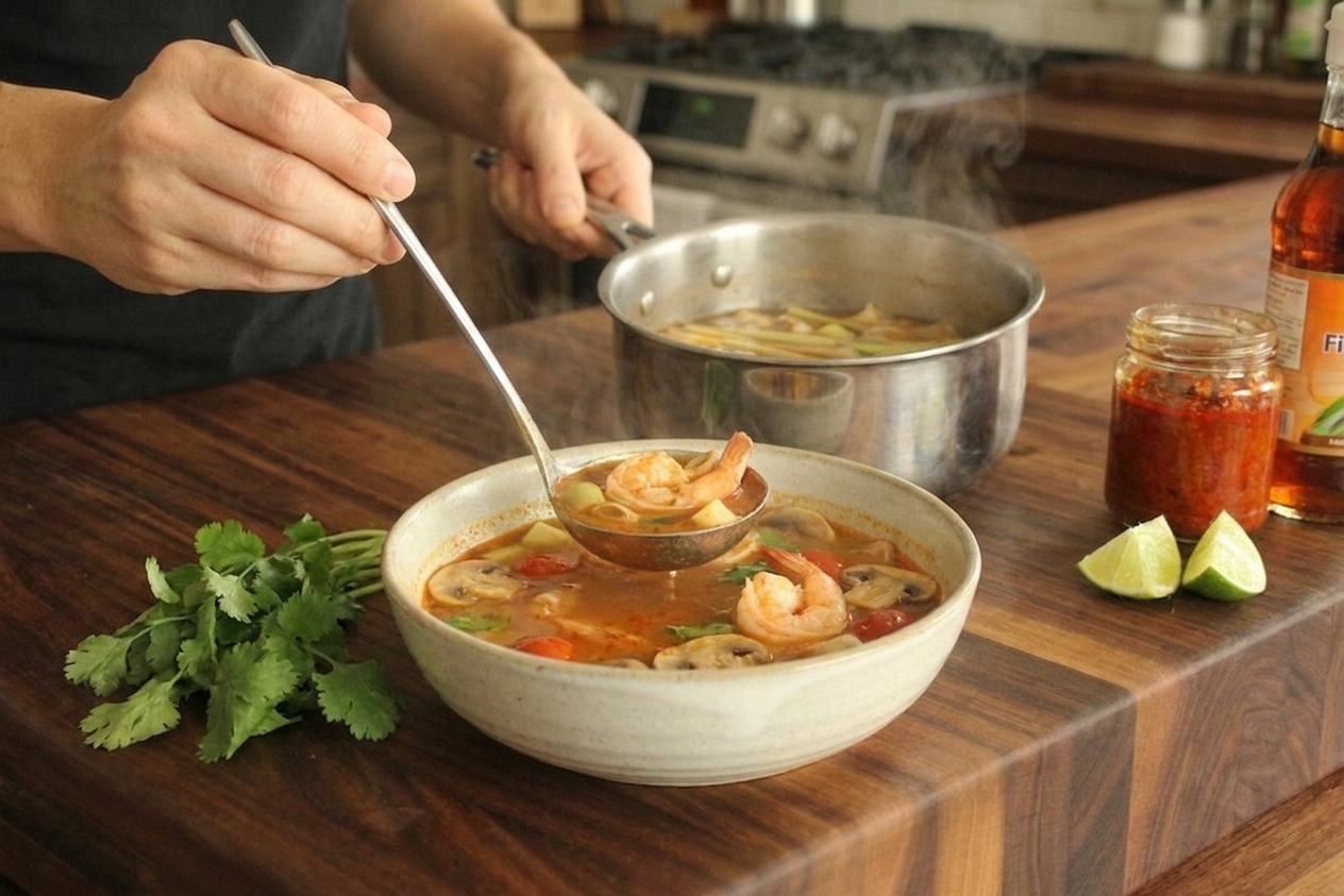 Tom yum soup being ladled into a bowl on a kitchen counter with fresh cilantro nearby