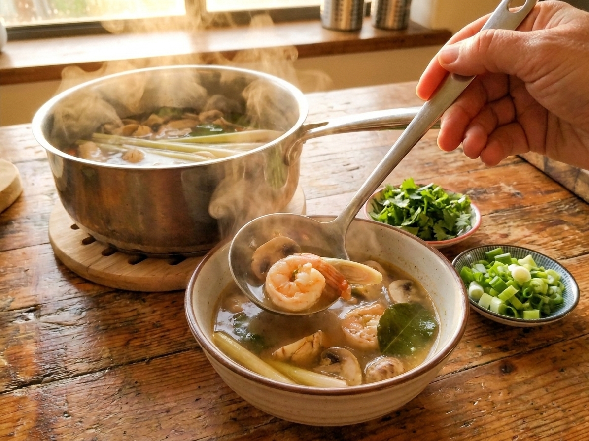 Tom yum soup being ladled into bowls at a kitchen table, with cilantro and scallions ready for topping
