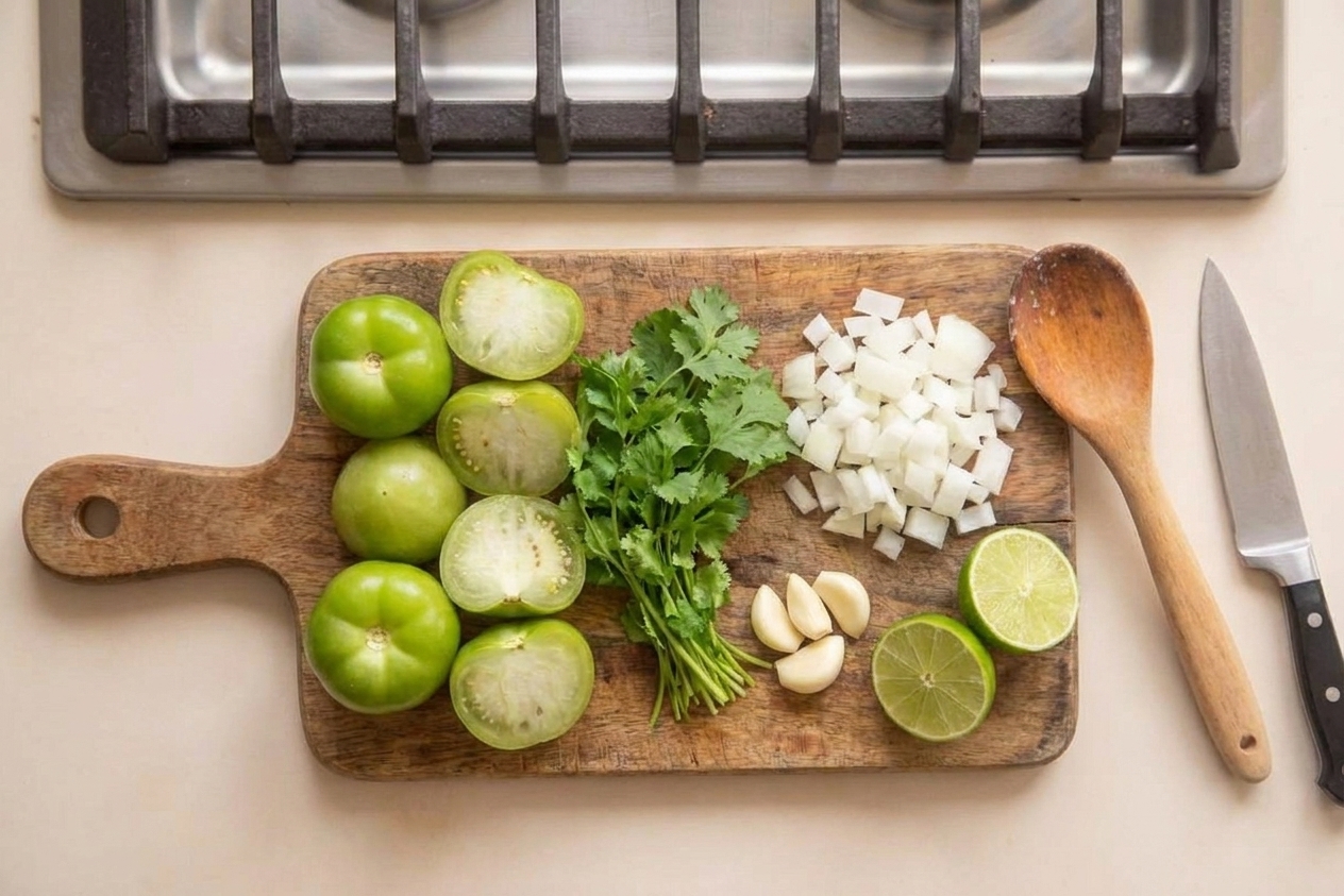 Tomatillos, cilantro, onion, garlic, and limes arranged on a wooden cutting board on a home kitchen counter