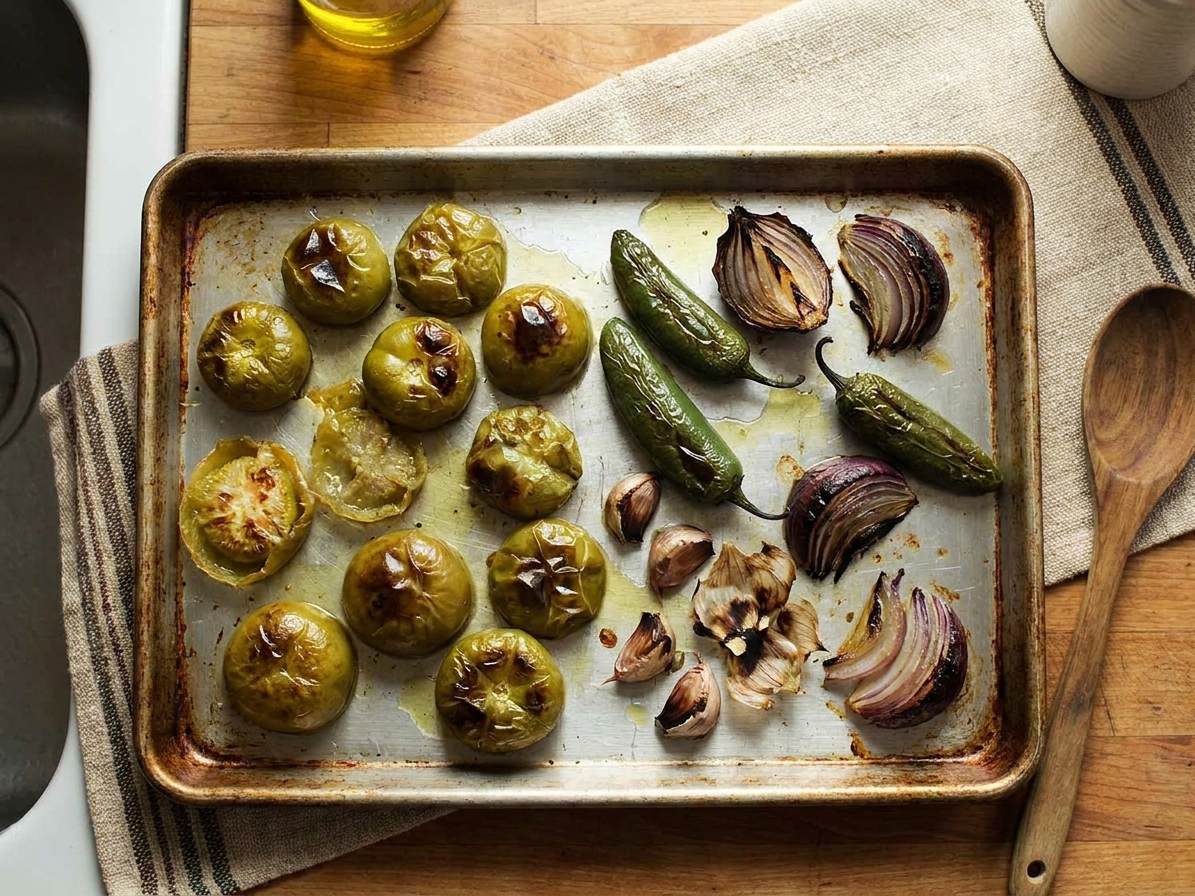 Tomatillos, jalapenos, onion, and garlic blistered under the broiler on a rimmed baking sheet, set on a kitchen counter