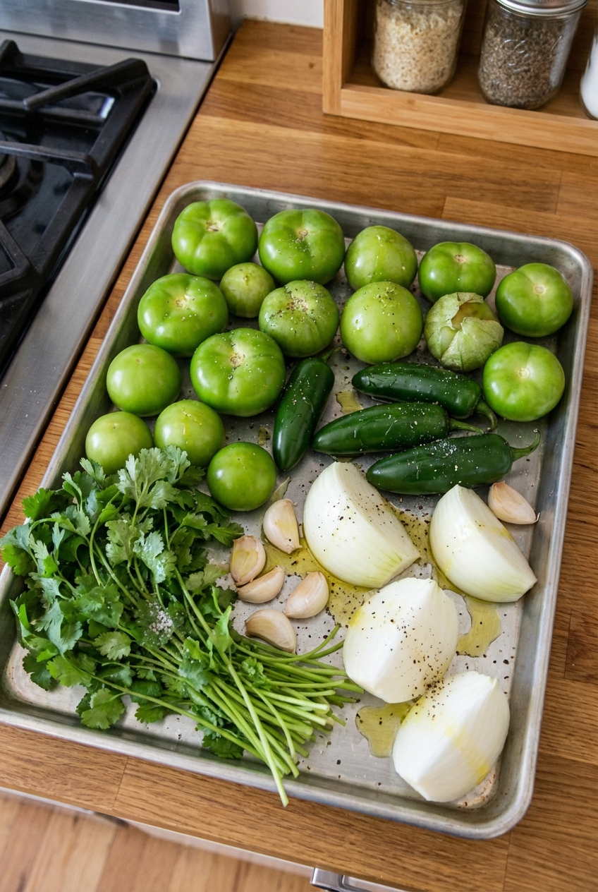 Tomatillos, jalapenos, onion, garlic, and cilantro arranged on a sheet pan ready for roasting