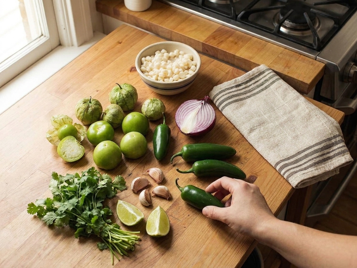 Tomatillos, jalapenos, onion, garlic, cilantro, lime, and canned hominy arranged on a clean kitchen counter with warm natural light