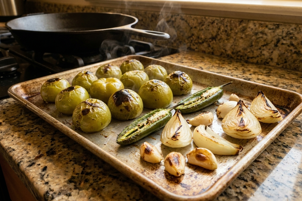 Tomatillos, jalapenos, onion wedges, and garlic blistering on a baking sheet under warm kitchen lighting