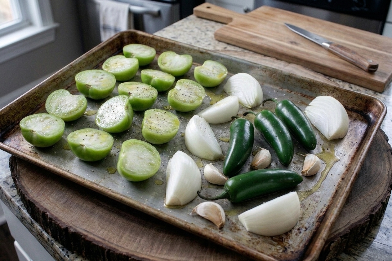 Tomatillos, jalapeño, onion wedges, and garlic cloves arranged on a sheet pan ready for roasting in a home kitchen