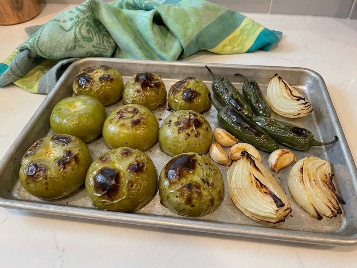 Tomatillos, jalapeños, onion, and garlic broiled on a sheet pan with browned spots and blistered skins