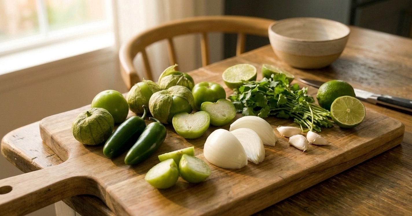 Tomatillos, jalapeños, white onion, garlic, cilantro, and limes arranged on a wooden cutting board on a kitchen counter