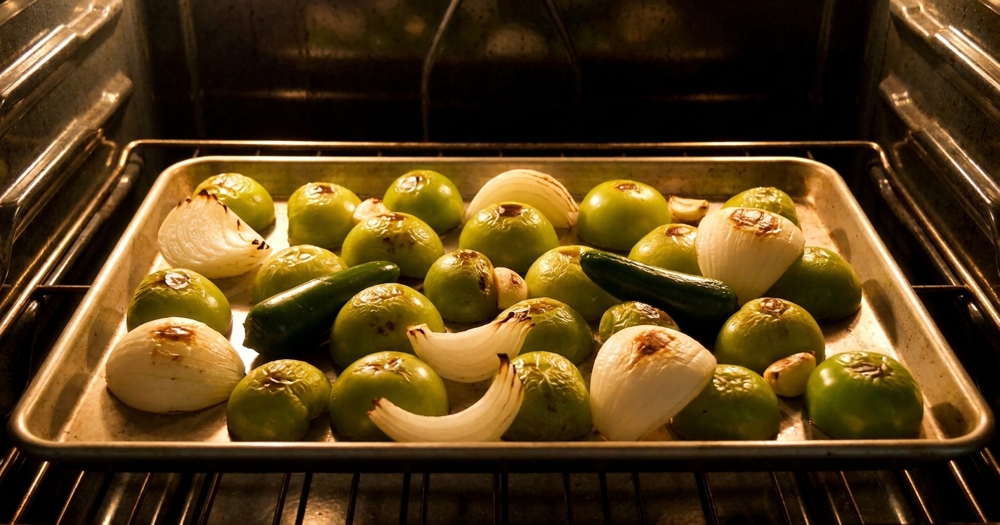 Tomatillos, onion wedges, jalapeños, and garlic roasting on a sheet pan in a home oven with light charring on the vegetables