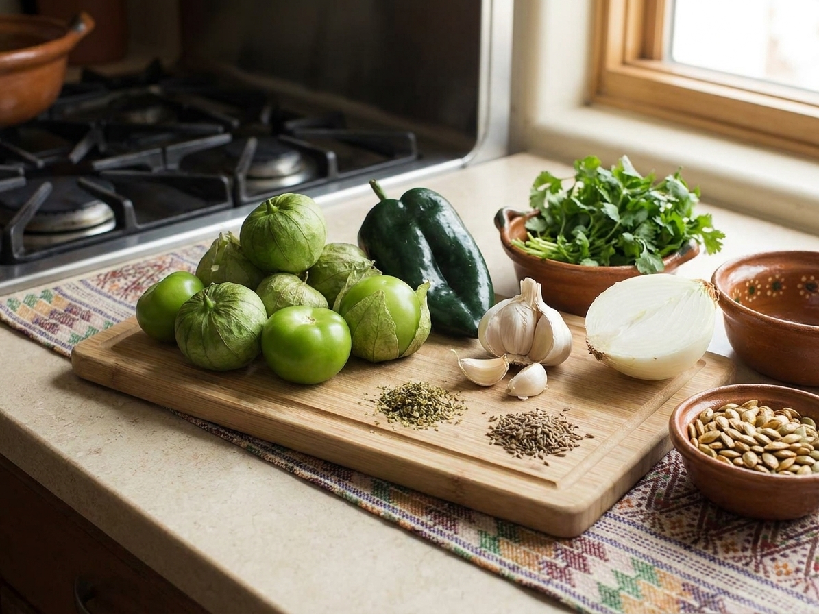 Tomatillos, poblano peppers, garlic, onion, cilantro, pepitas, and spices arranged on a clean kitchen counter with a cutting board
