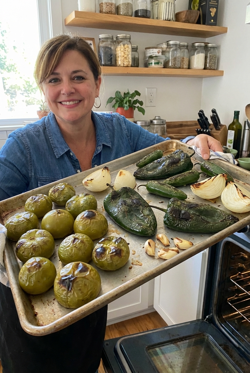 Tomatillos, poblano peppers, jalapenos, onion, and garlic roasted on a sheet pan with charred edges