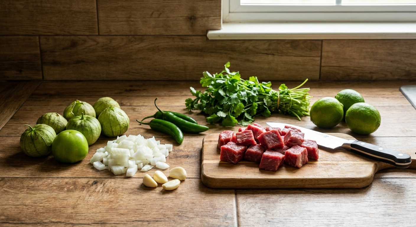 Tomatillos, white onion, garlic, serrano peppers, cilantro, limes, and raw beef laid out on a bright kitchen counter with a cutting board and knife