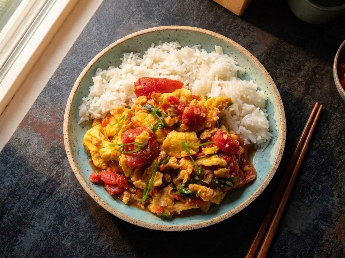Tomato and egg stir-fry spooned over a bowl of steamed white rice with sliced scallions on top, set on a simple kitchen table