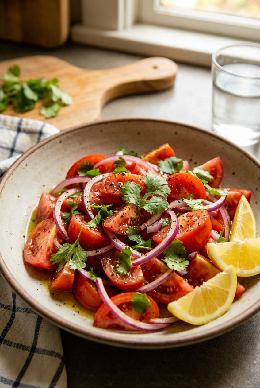 Tomato and onion salad with lemon wedges