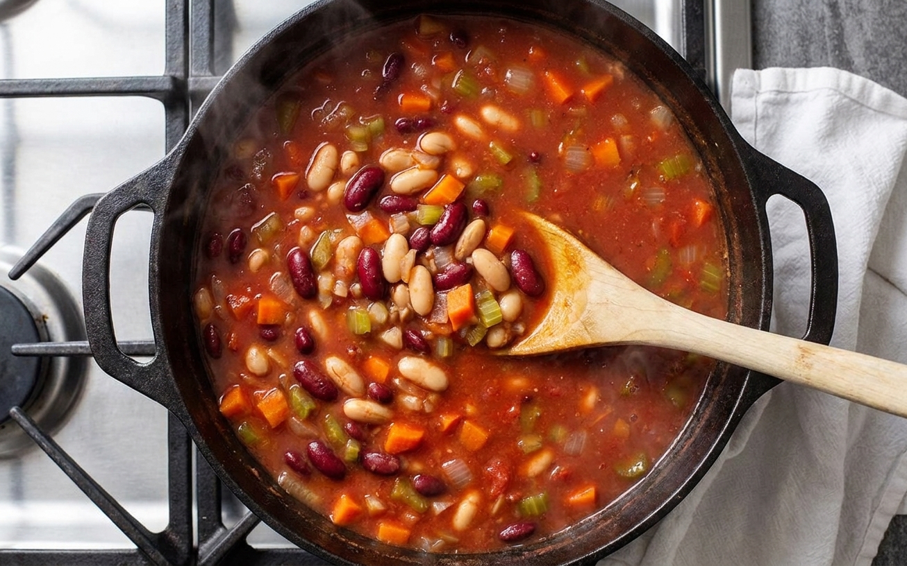 Tomato-based soup simmering in a Dutch oven with visible beans and diced vegetables on a stovetop