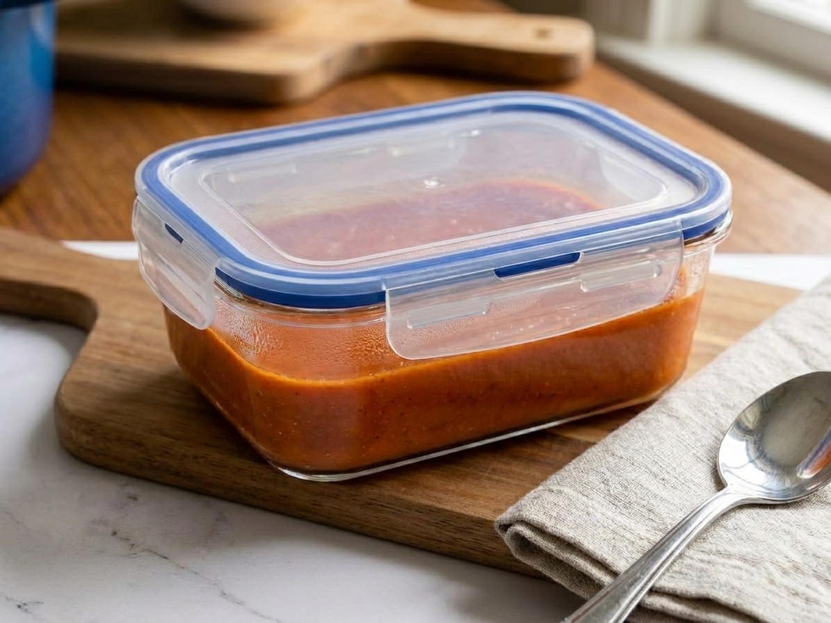 Tomato bisque soup cooled in a glass storage container with a tight lid on a kitchen counter
