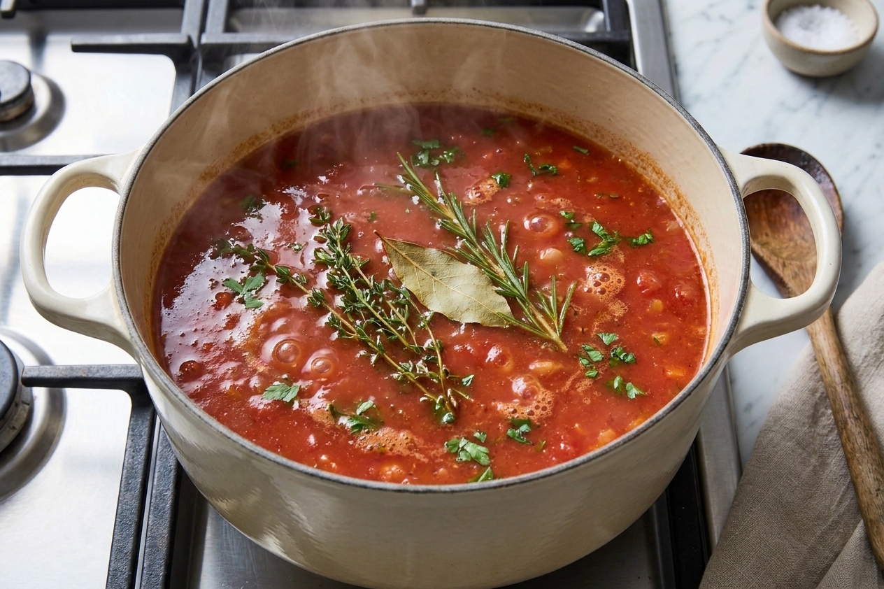 Tomato broth simmering in a large pot with visible herbs and a bay leaf near the surface