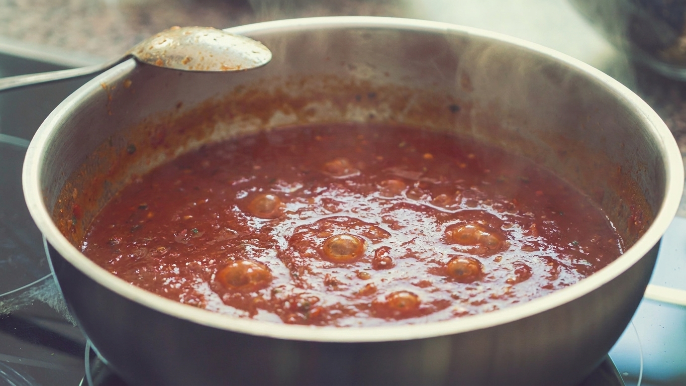 Tomato chili sauce gently simmering in a pot with small bubbles and a spoon resting on the rim