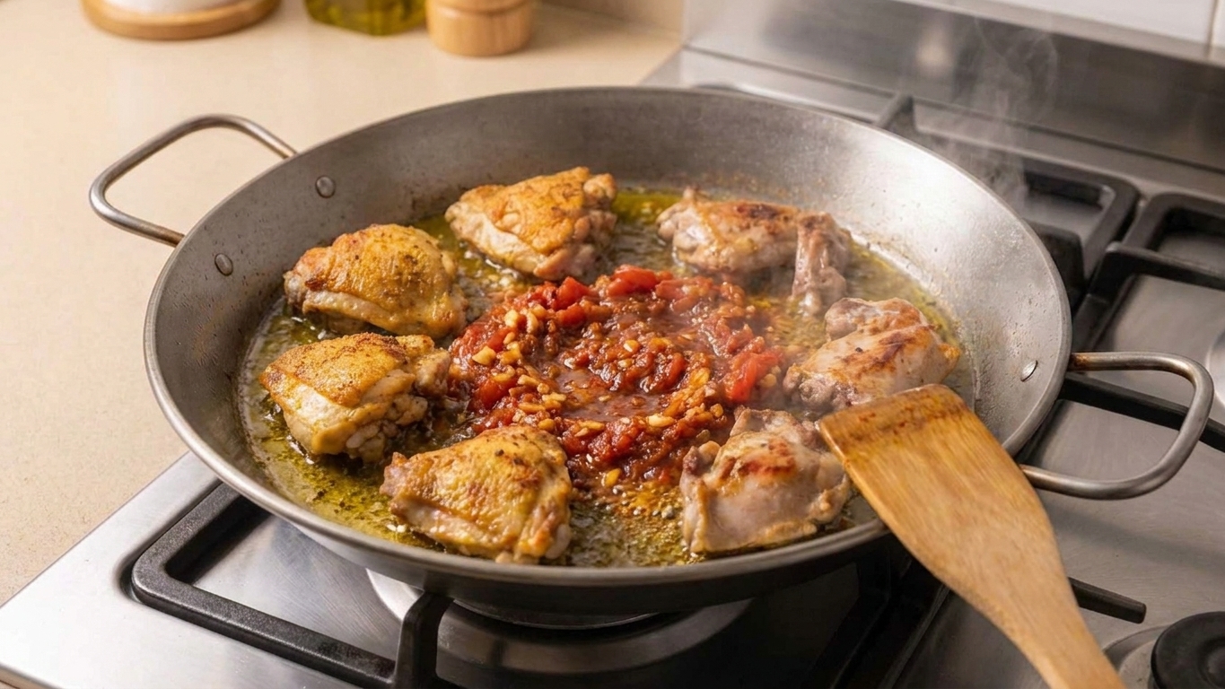 Tomato, garlic, and paprika cooking down into a thick sofrito in the center of a wide pan with browned chicken around the edges