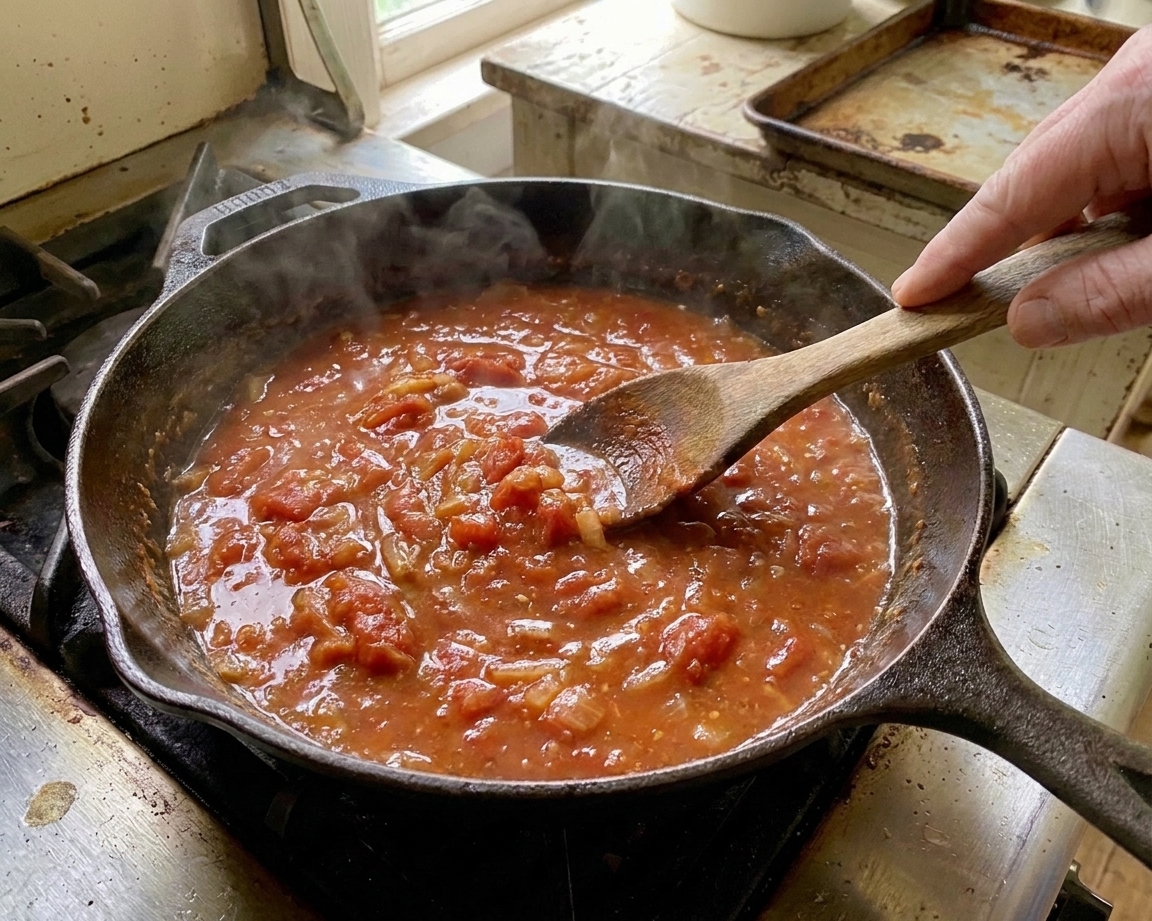 Tomato gravy gently bubbling in a skillet with visible tomato pieces, being stirred with a wooden spoon