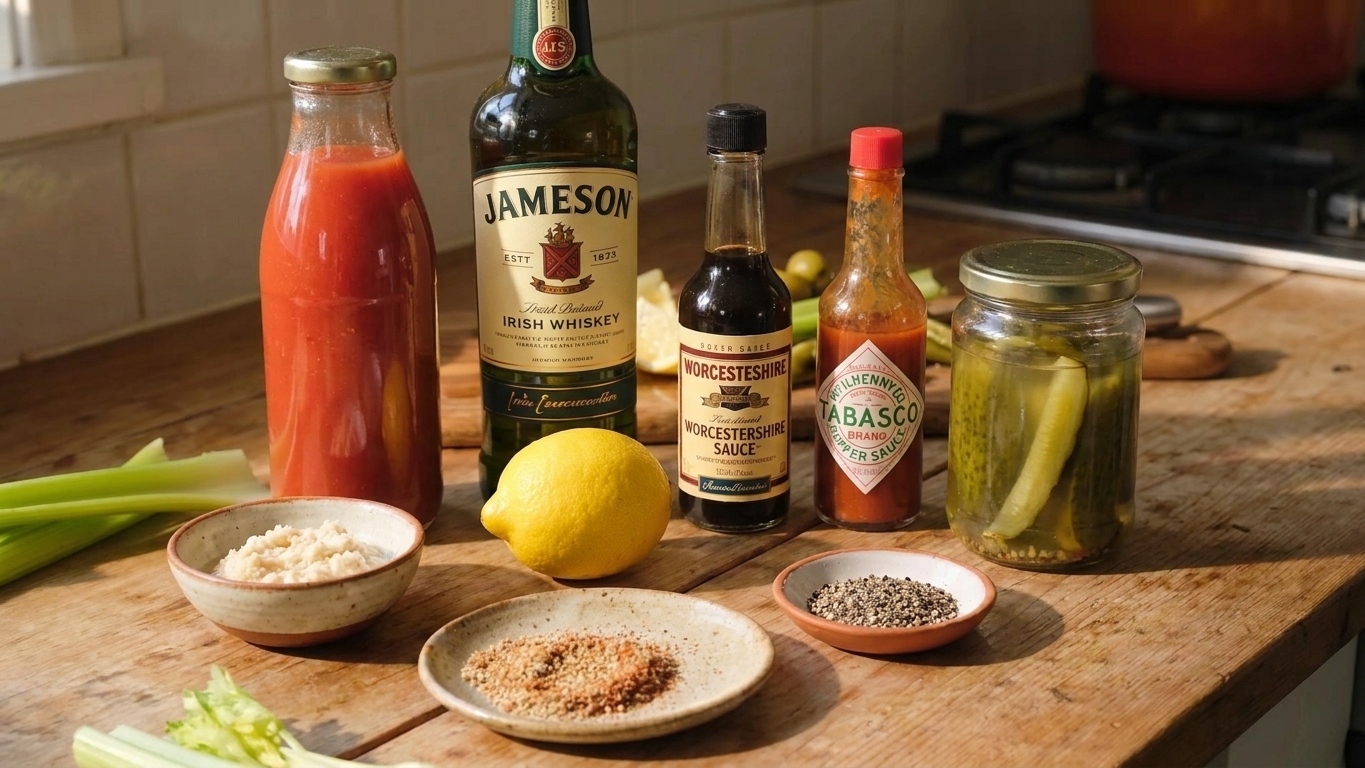 Tomato juice, Irish whiskey, lemon, Worcestershire sauce, hot sauce, horseradish, celery salt, black pepper, and pickle brine arranged on a kitchen counter