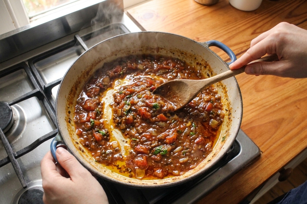 Tomato masala being sautéed in a skillet, thick and glossy with visible oil collecting at the edges